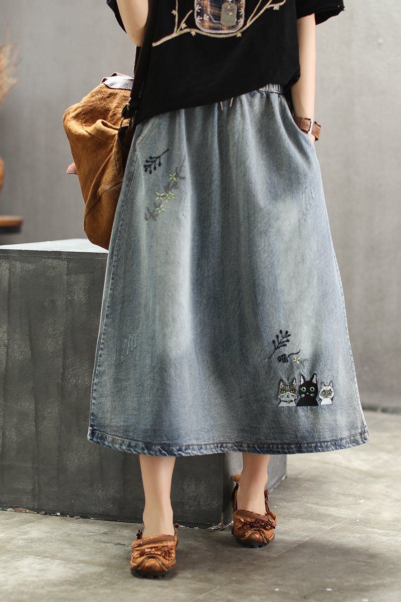 Brodeerattu Denim Retro Art Naisten Pitkä Hame
