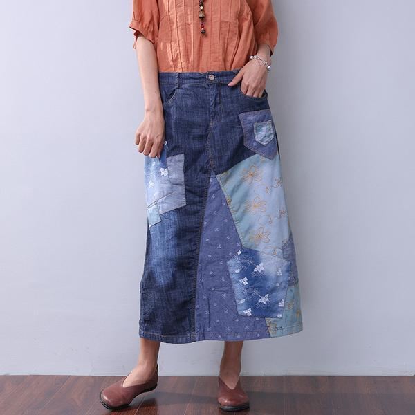 Kesäinen Naisten Denim-applikoitu Sininen Hame