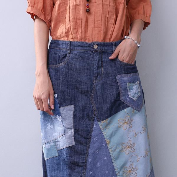 Kesäinen Naisten Denim-applikoitu Sininen Hame
