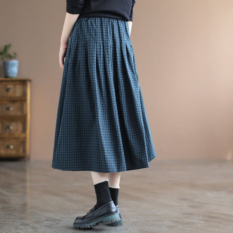 Kevään A-linjainen Puuvillainen Pellava Retro-ruudullinen Hame