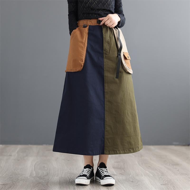 Kevätsyksyn Retro-värejä Vastaava Patchwork A-linjainen Hame