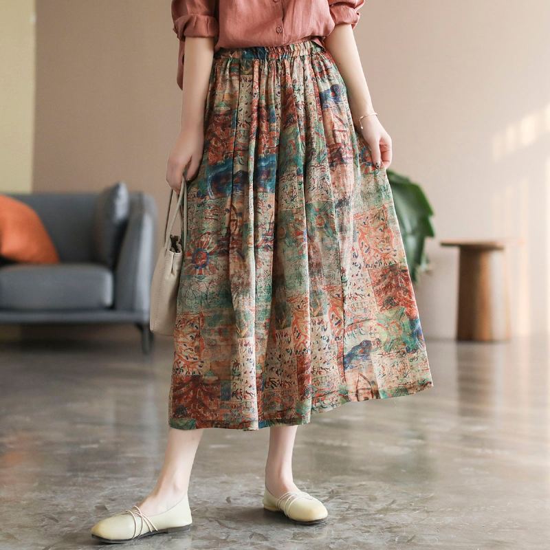 Retro Print Cotton Linen Spring A-pellavahame