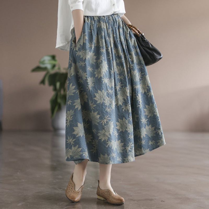 Spring Retro Leaf Print High Waist Puuvillainen Pellavahame