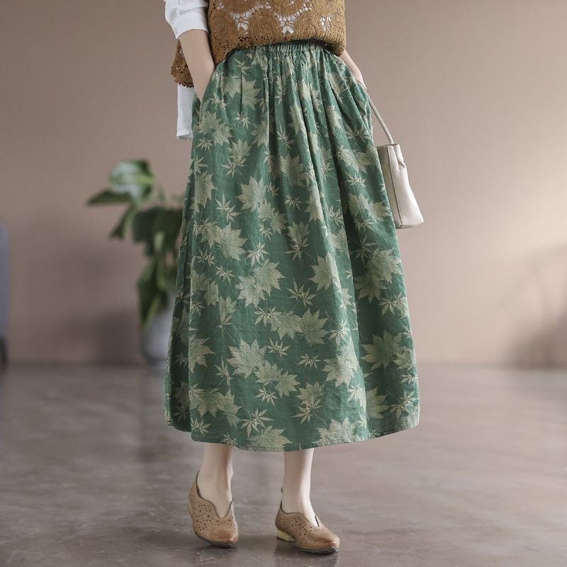 Spring Retro Leaf Print High Waist Puuvillainen Pellavahame