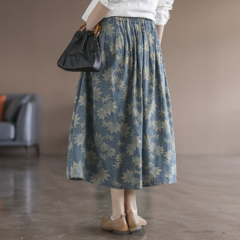 Spring Retro Leaf Print High Waist Puuvillainen Pellavahame