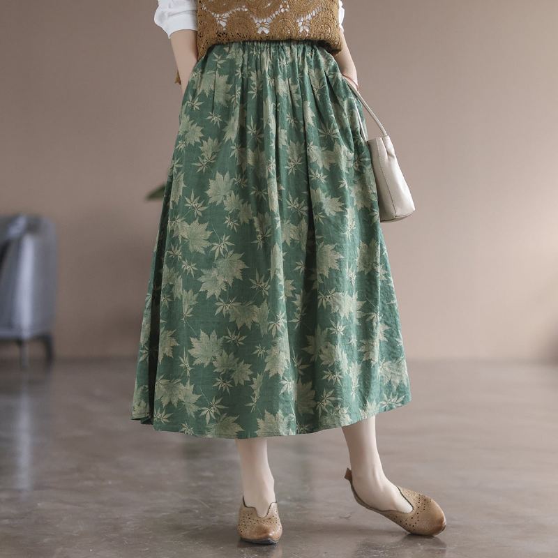 Spring Retro Leaf Print High Waist Puuvillainen Pellavahame