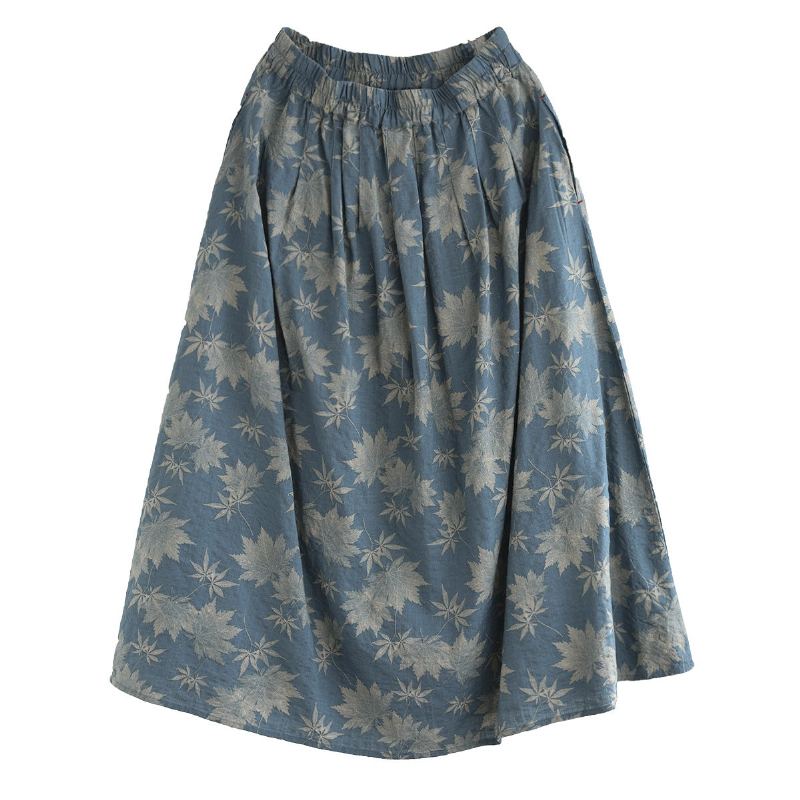 Spring Retro Leaf Print High Waist Puuvillainen Pellavahame