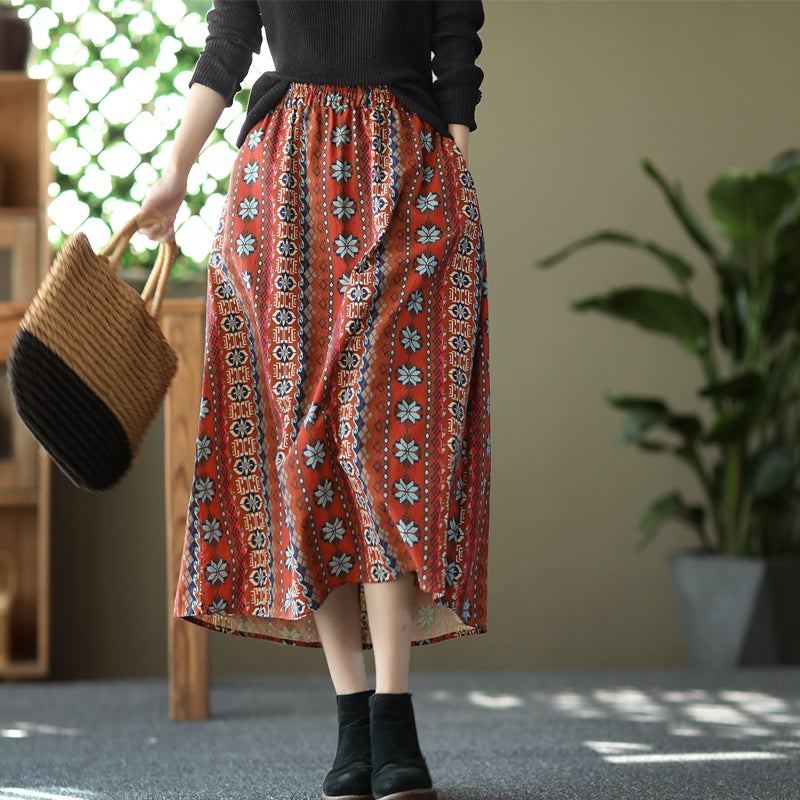 Spring Retro Print Casual Puuvillainen Pellava A-linjainen Hame