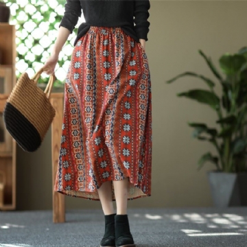Spring Retro Print Casual Puuvillainen Pellava A-linjainen Hame