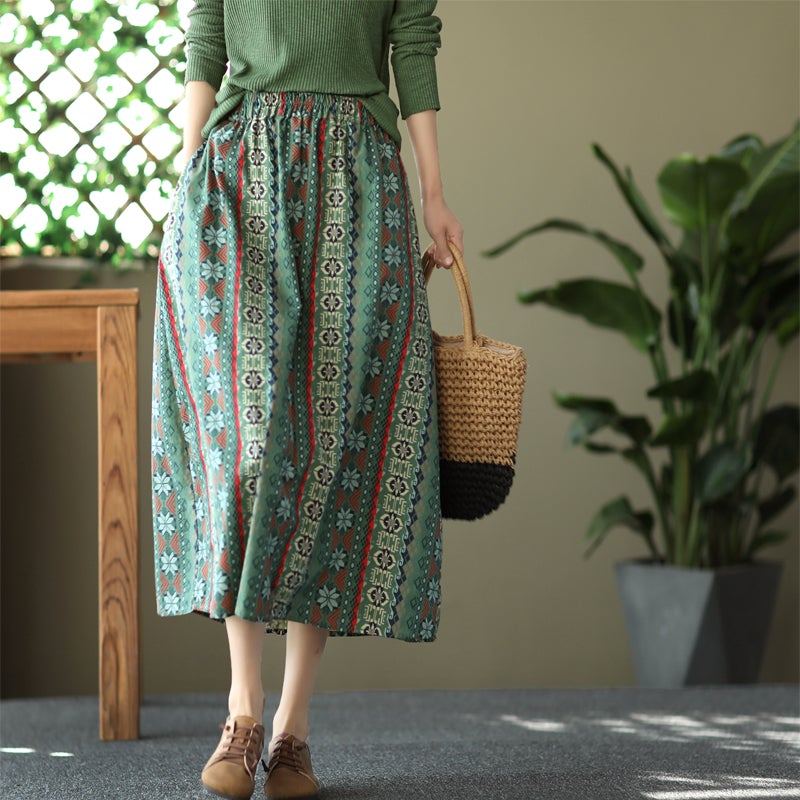 Spring Retro Print Casual Puuvillainen Pellava A-linjainen Hame