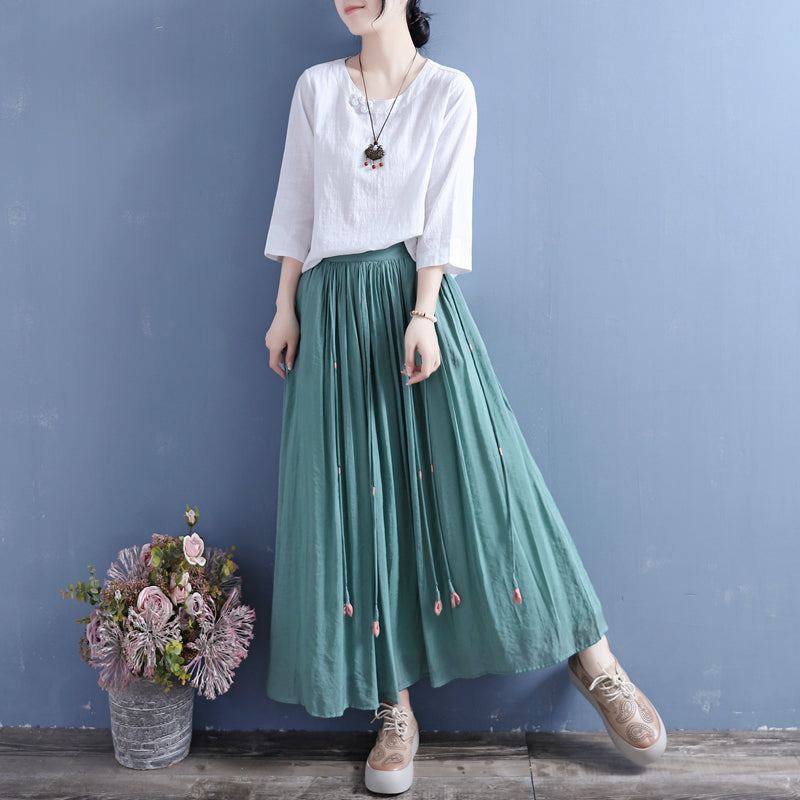 Summer Retro Tupsut Solid Pellava Silkki Laskostettu Hame