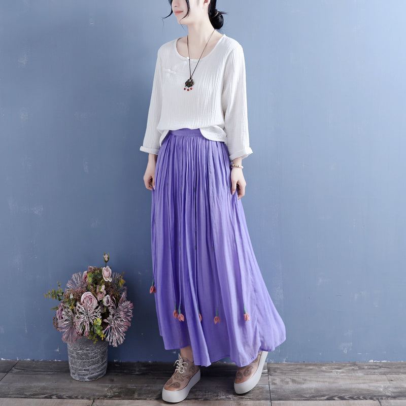 Summer Retro Tupsut Solid Pellava Silkki Laskostettu Hame