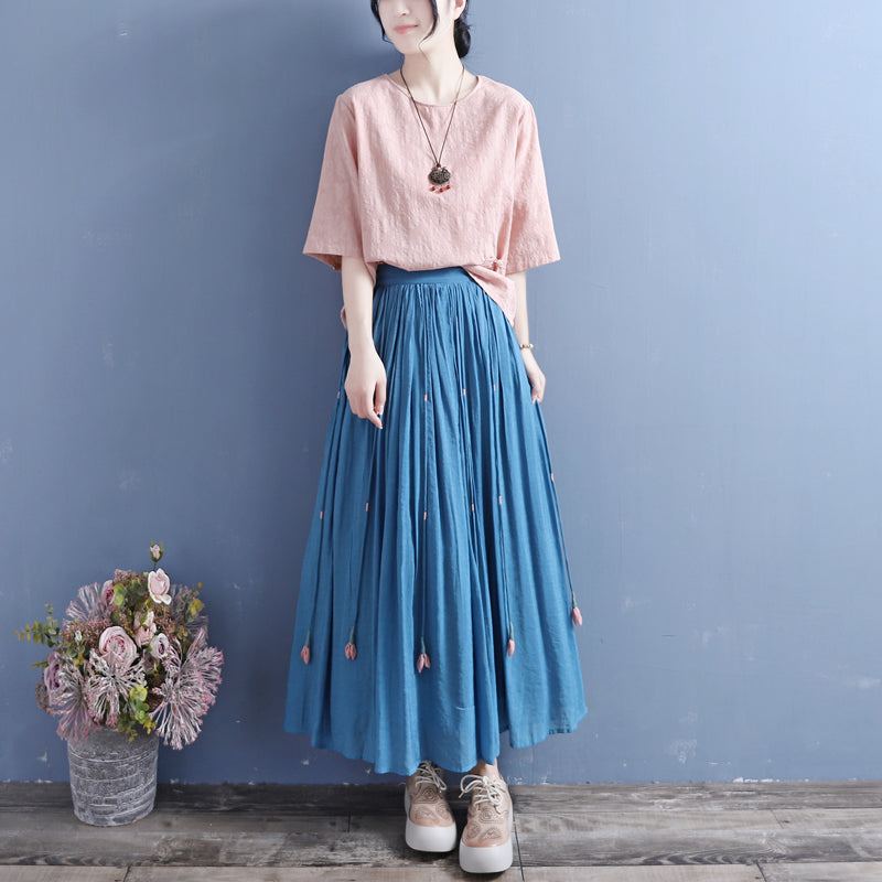 Summer Retro Tupsut Solid Pellava Silkki Laskostettu Hame