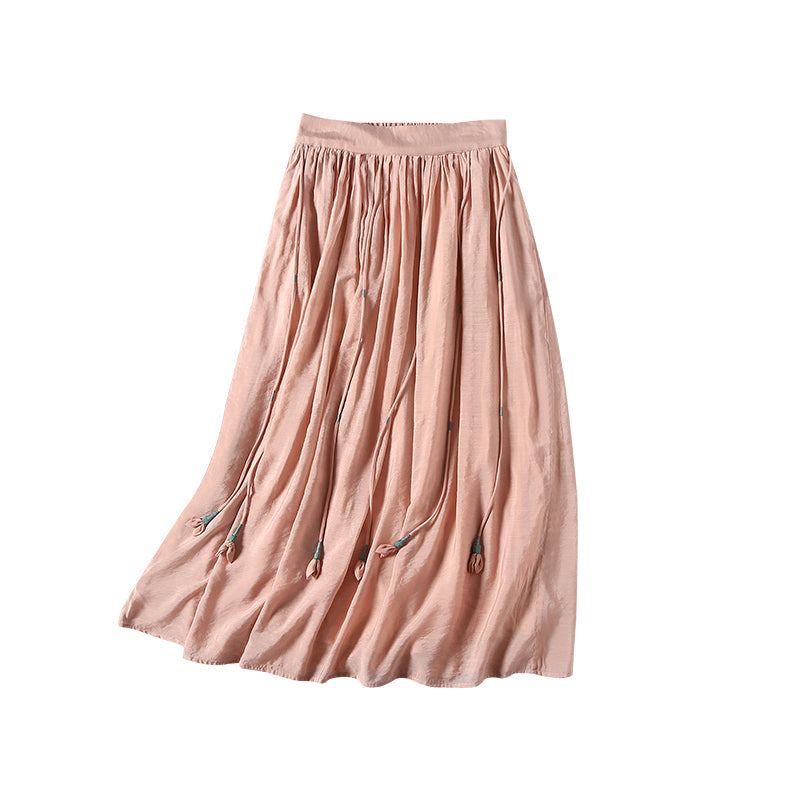 Summer Retro Tupsut Solid Pellava Silkki Laskostettu Hame