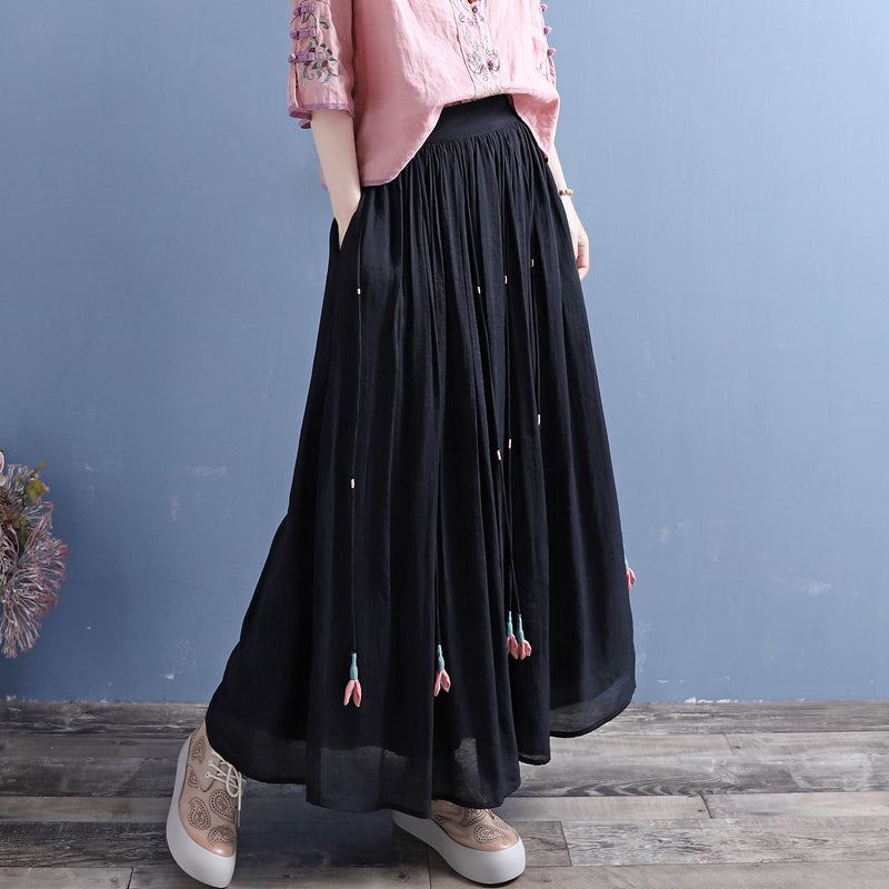Summer Retro Tupsut Solid Pellava Silkki Laskostettu Hame
