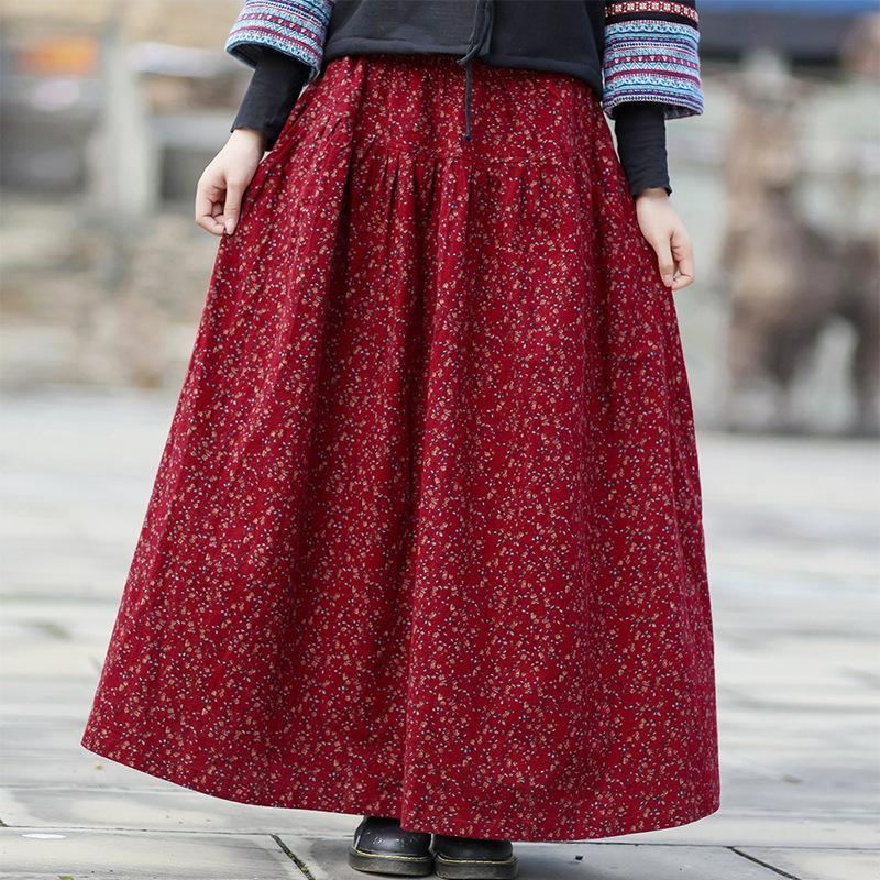 Syksyn Talvi Retro Puuvillainen Pellava Kukkainen A-linjainen Hame