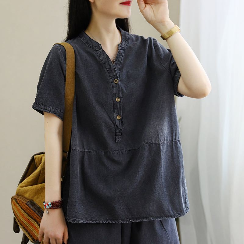 Naisten Kesämuoti Loose Tencel Cotton Denim T-paita