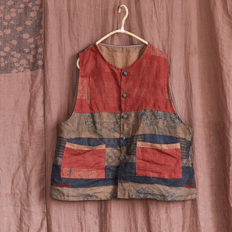 Naisten Retro Patchwork Pellava Löysä Liivi