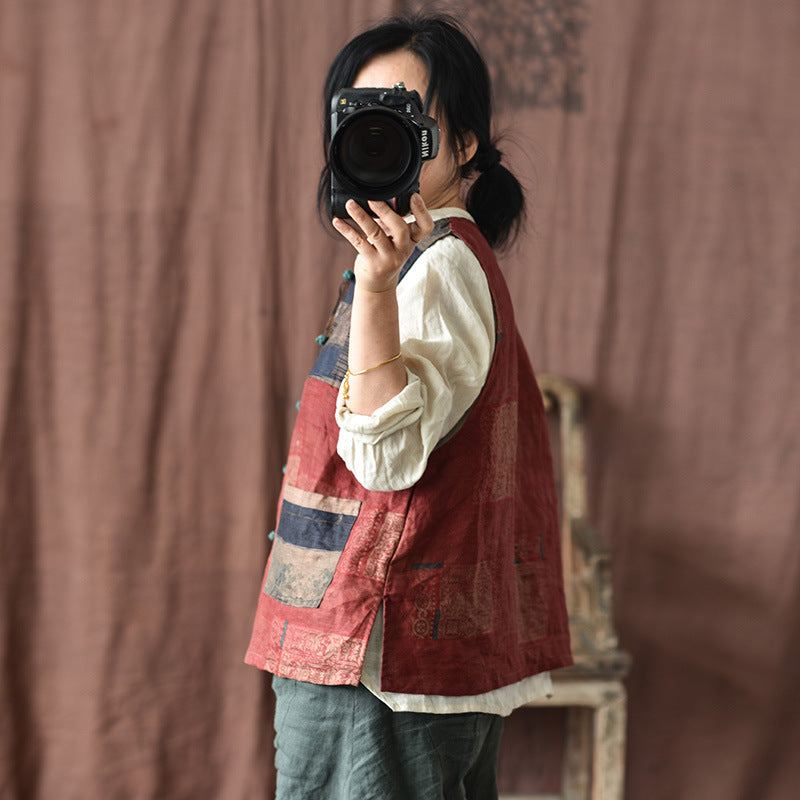Naisten Retro Patchwork Pellava Löysä Liivi
