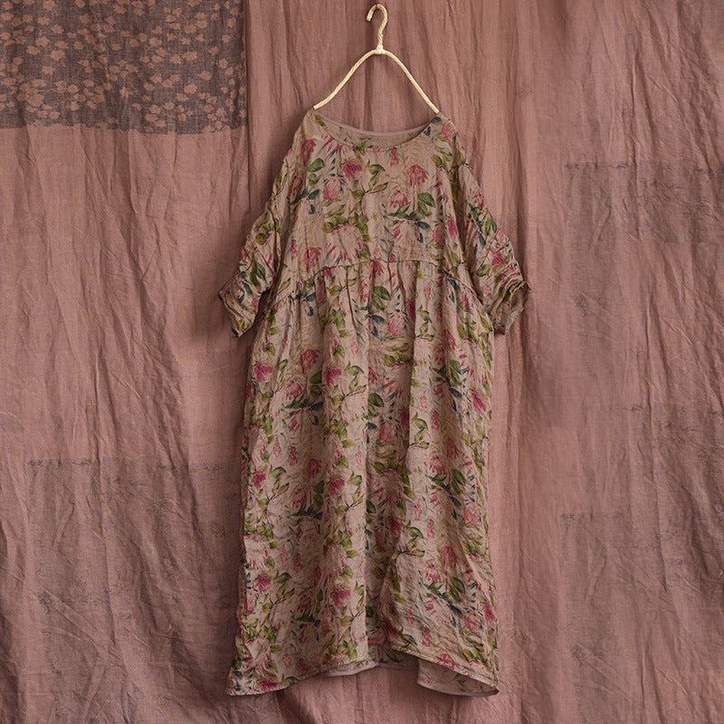 Kevät Kesä Vintage Kukkainen Pellavamekko